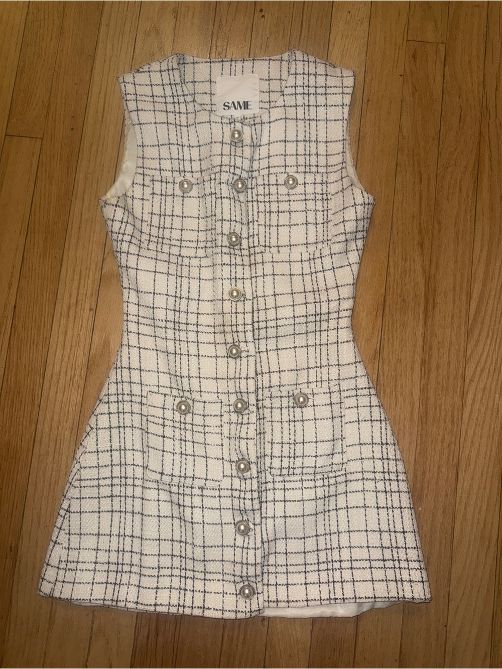 SAME Tweed Sleeveless Mini Dress in White with Navy Check